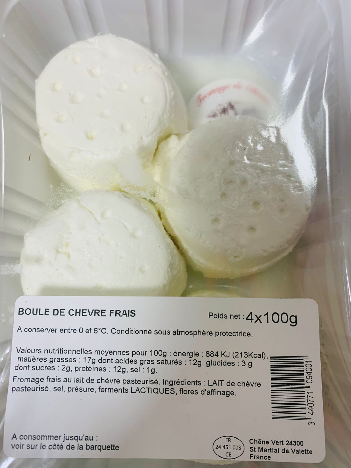 Boule de chèvre frais en 100g. pasteurisé FR24